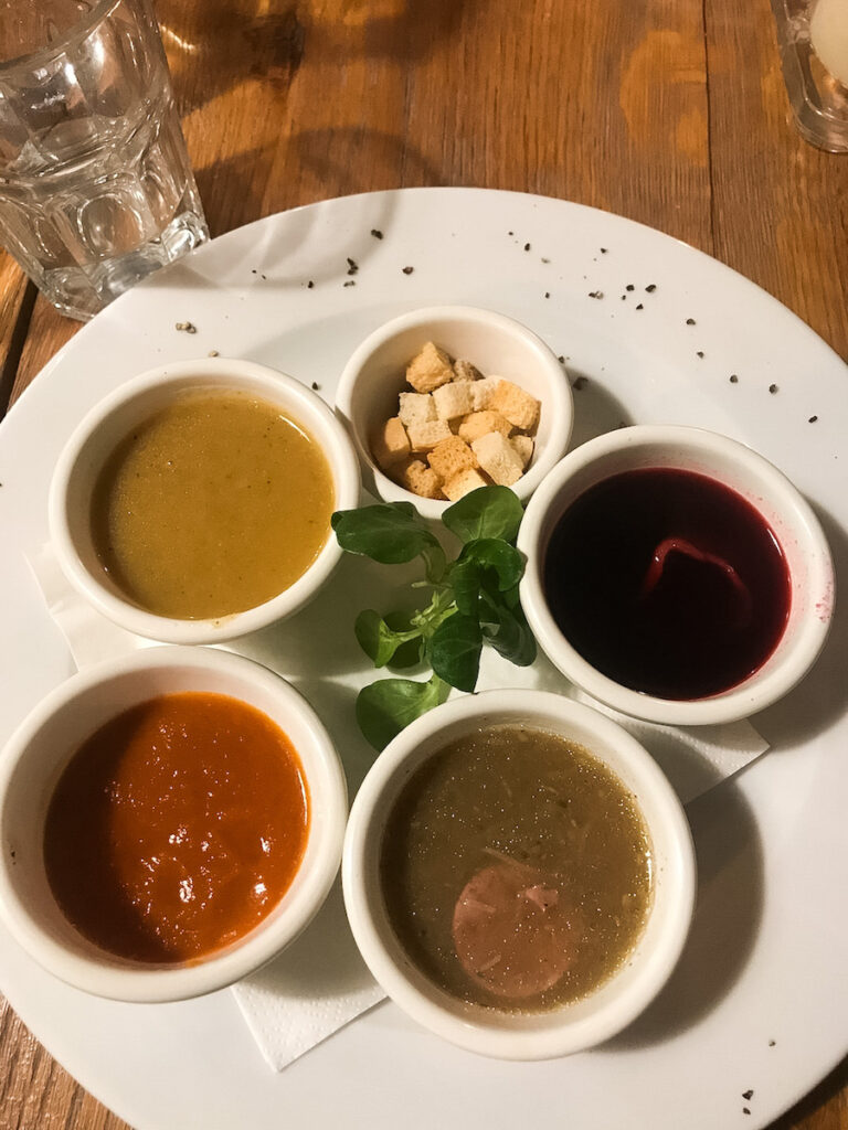 Soup flight at Restauracja Slawkowska restaurant in Krakow, Poland